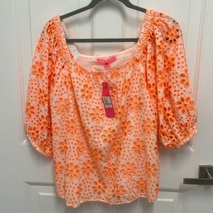 NWT Lilly Pulitzer kerrigan elbow sleeve top size L in cantaloupe funflower